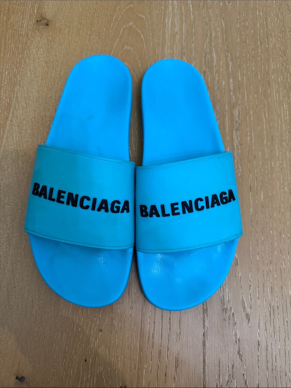 Balenciaga Turquoise Slide Sandals with Black Logo